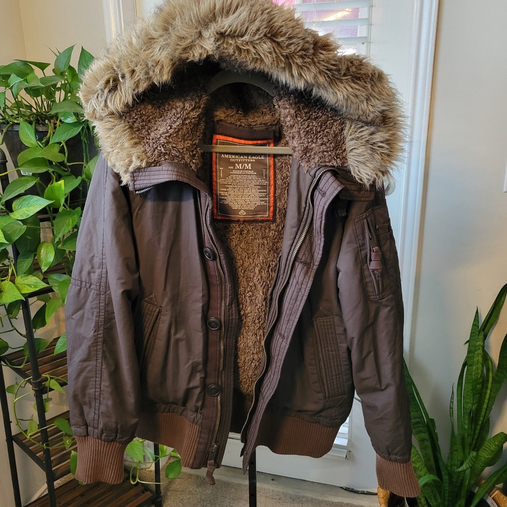 American Eagle Mens Brown Sherpa Lined Bomber Jacket Faux Fur Hood Parka Med Y2K